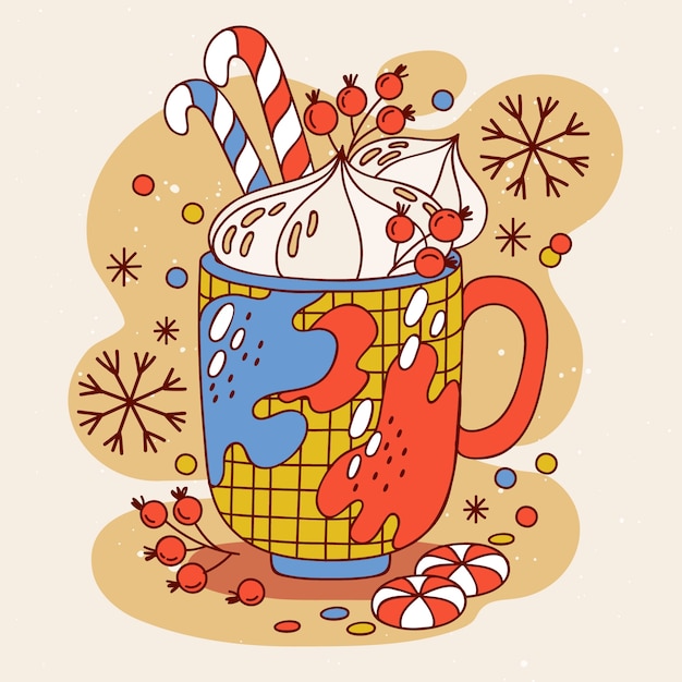 Vector hand drawn christmas hot chocolate illustration