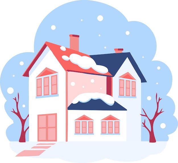 Vector hand drawn christmas house with snow in flat style