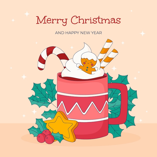 hand drawn christmas illustration with mug and candy cane