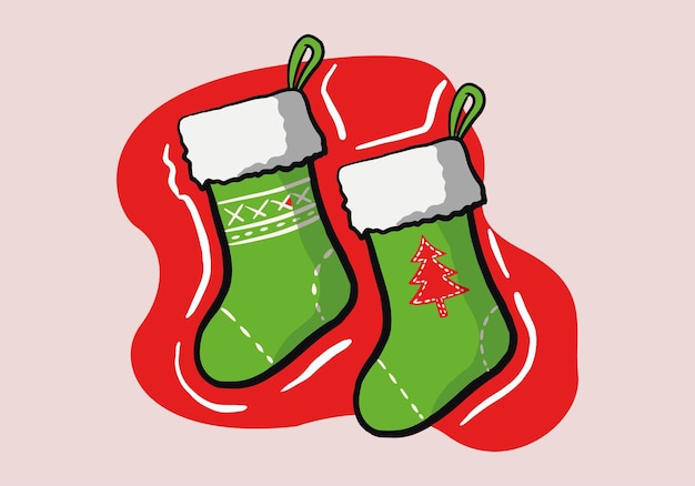 手描きのクリスマスと新年。クリスマスプレゼント用の靴下2点セットです。