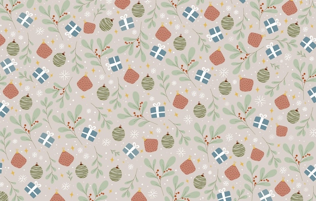 Vector hand drawn christmas pattern with floral ornaments and gifts