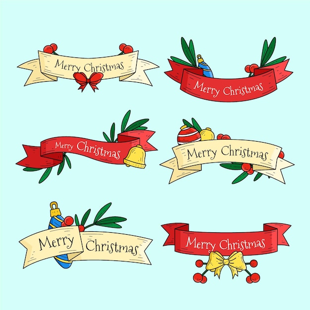 Vector hand drawn christmas ribbon collection