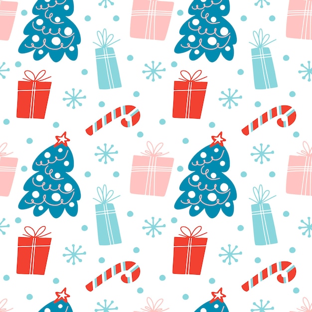 Hand drawn christmas seamless pattern with christmas tree gift boxesstar candy cane snowflake