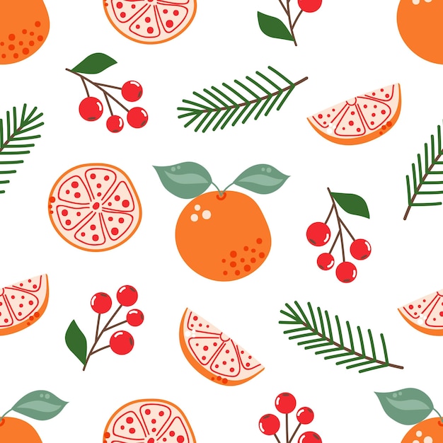Hand drawn Christmas seamless pattern with oranges berries and tree branch on white background