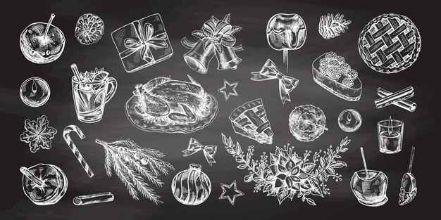 Vector hand drawn christmas set in sketch style isolated on chalkboard background