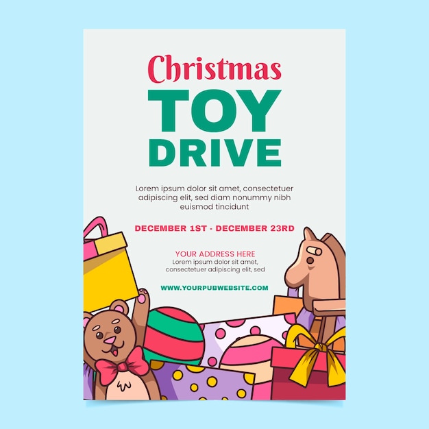 Hand drawn christmas toy drive poster template