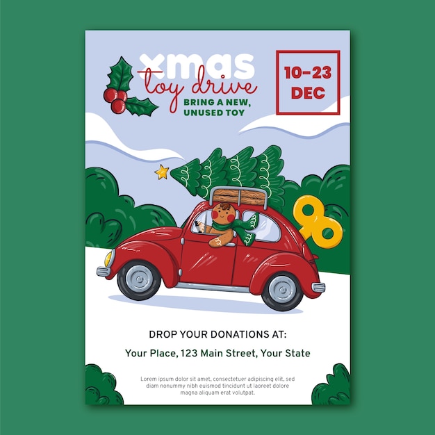 Hand drawn christmas toy drive poster template