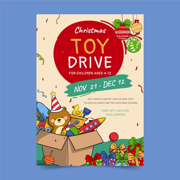 Vector hand drawn christmas toy drive vertical poster template