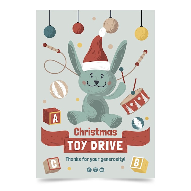 벡터 손으로 그린 크리스마스 장난감 드라이브 세로 포스터 템플릿