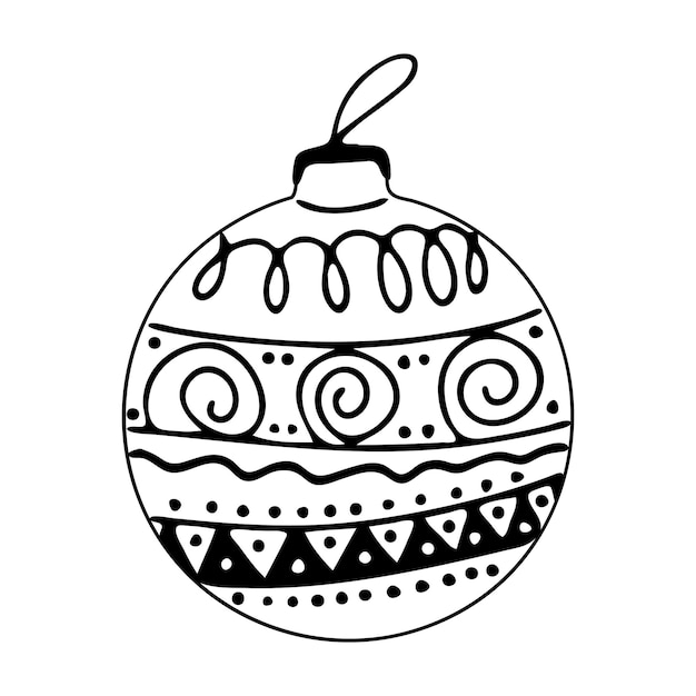 Palla dell'albero di natale disegnata a mano con elementi di doodle. isolato su uno sfondo bianco.