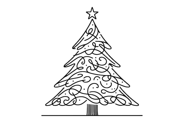 Hand drawn Christmas tree outline doodle vector Continuous one black line drawing of Merry Christmas pine tree minimalistic design illustration on white background