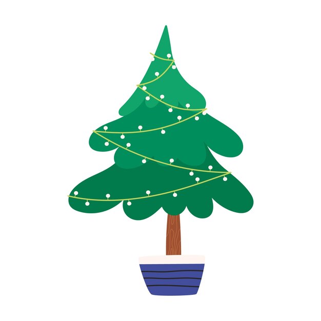 hand drawn christmas tree in pot with lights garland flat vector  cute and decorated tree