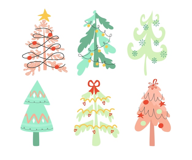 Vector hand drawn christmas trees decorated with ribbons, garlands and balls.