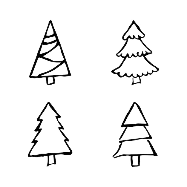Рождественские елки нарисованные рукой. Набор из четырех монохромных набросал иллюстраций елей. Зимний праздник каракули элементы. Векторная иллюстрация