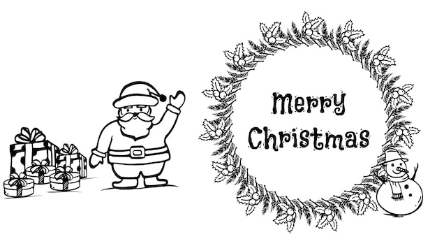Ручная рисованная рождественская векторная иллюстрация, созданная с подарочными коробками снеговика санта-клауса и рождественскими венками с рождеством