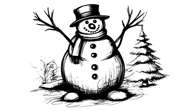 Hand drawn christmas vector illustration snowman with tall hat vintage style isolated on white