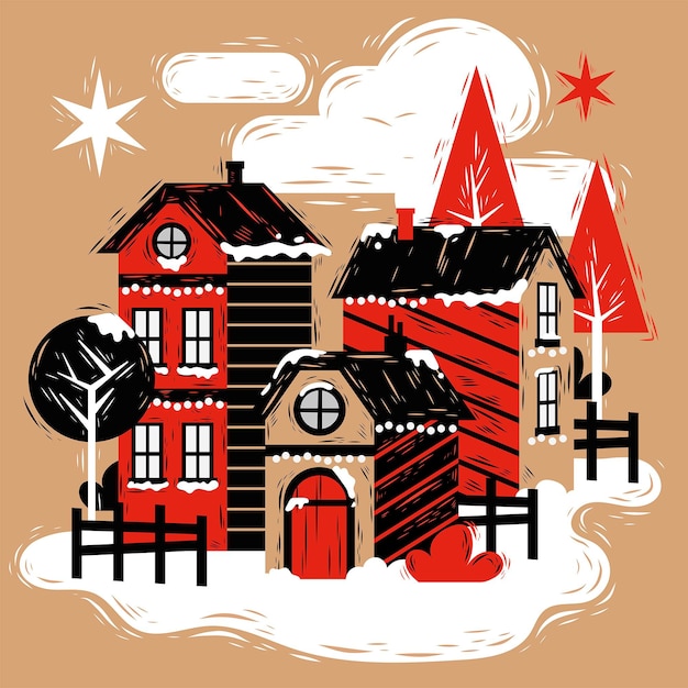 Vector hand drawn christmas village illustration