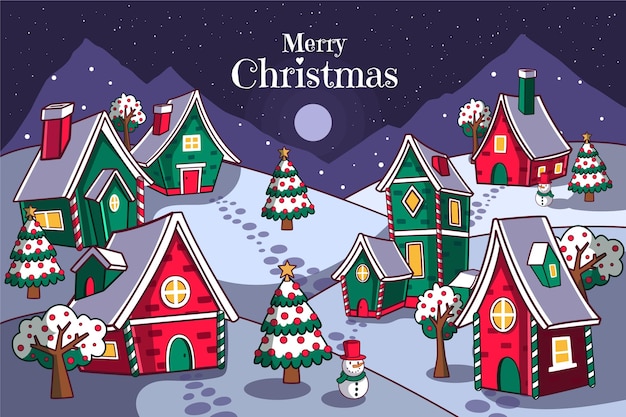 Vector hand drawn christmas village illustration