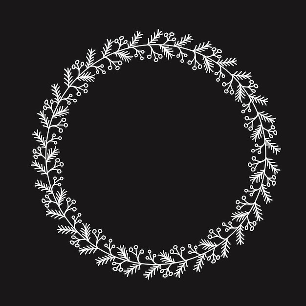 Vector hand drawn christmas wreath circle floral frame with branches white doodle style border