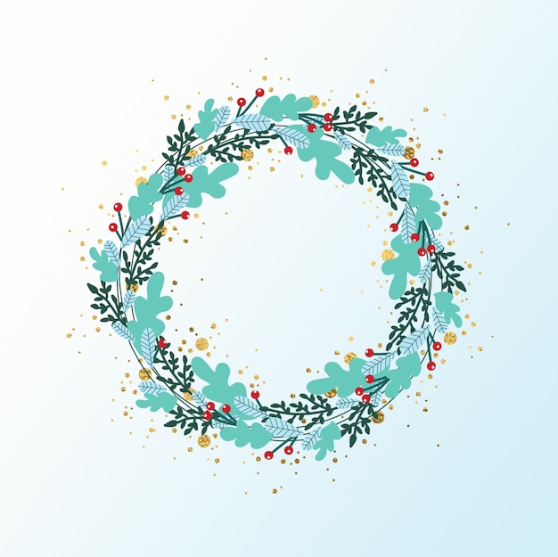 Hand drawn christmas wreath with gold accents background