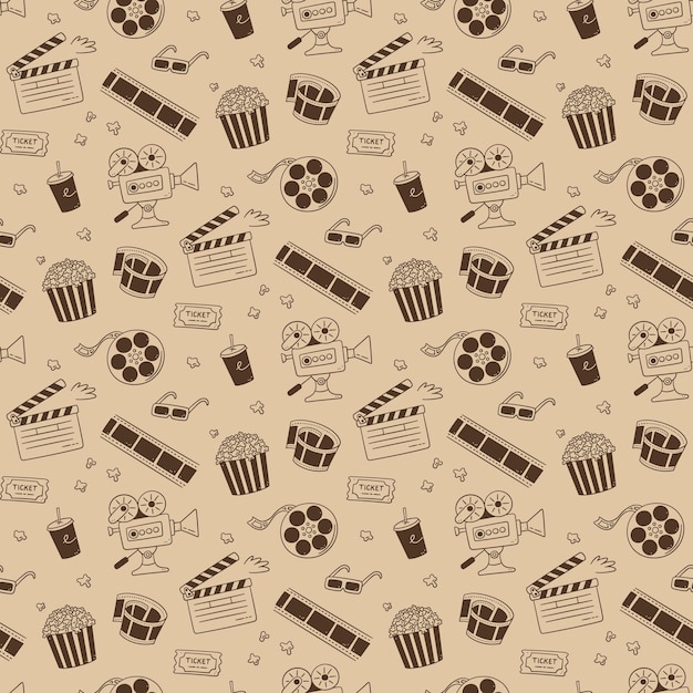 Hand drawn cinema seamless pattern with movie camera, clapper board, cinema reel and tape, popcorn in striped box, film ticket and 3d glasses. vector illustration in doodle style on sepia background