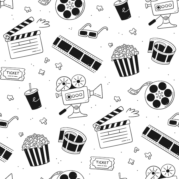 Reticolo senza giunte del cinema disegnato a mano con cinepresa, ciak, bobina e nastro cinematografici, popcorn in scatola a strisce, biglietto del film e occhiali 3d. illustrazione vettoriale in stile doodle su sfondo bianco.