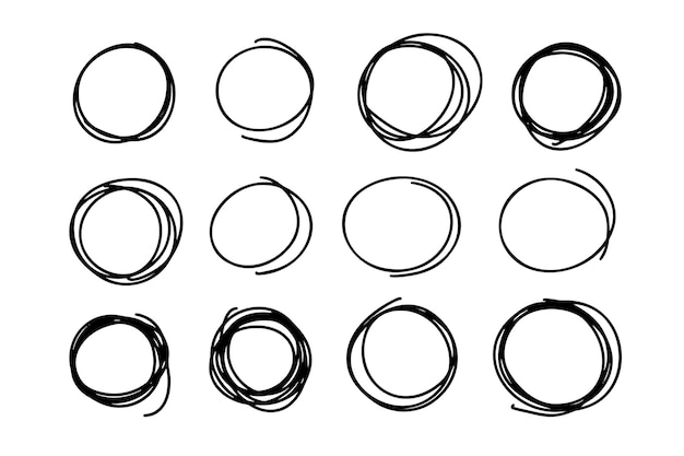 ベクトル 手描きの円の黒い線の落書きセット