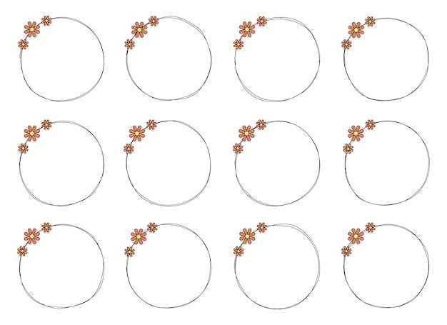 Hand drawn circle frame decoration element with flowers clip art