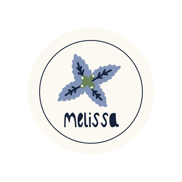 Hand drawn circle illustrated sticker label spice herb melissa