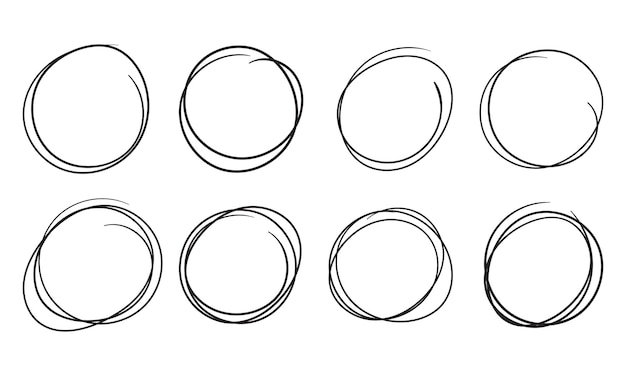 Insieme di abbozzo di linea cerchio disegnato a mano. scarabocchio circolare vettoriale scarabocchiare cerchi rotondi per elemento di design del segno della nota del messaggio