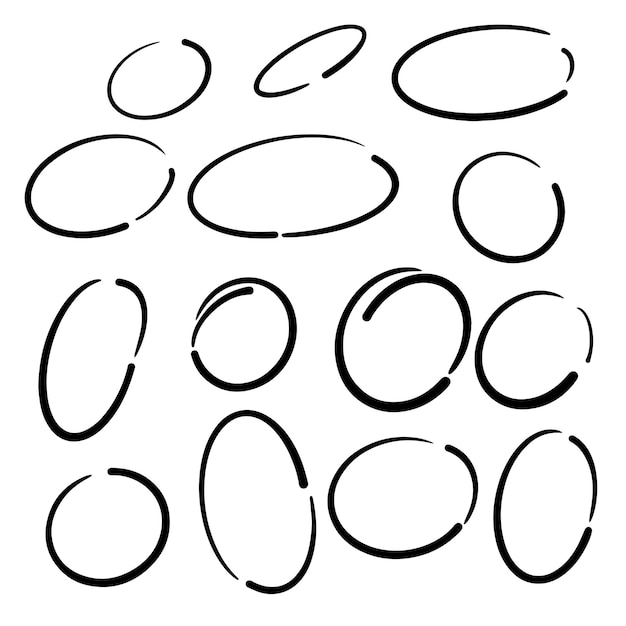 Set di cornici di evidenziazione di cerchi disegnati a mano doodle evidenziato ovali schizzo di marcatore evidenziazione del testo