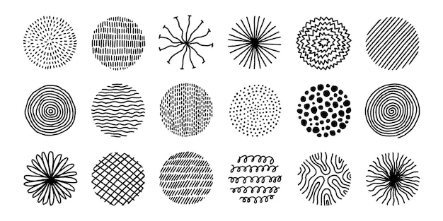 Hand drawn circles with doodle texture Modern abstract black round shapes with lines circles drops