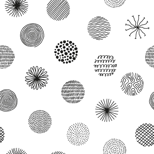 Hand drawn circles with doodle texture Modern abstract seamless pattern with black organic shapes