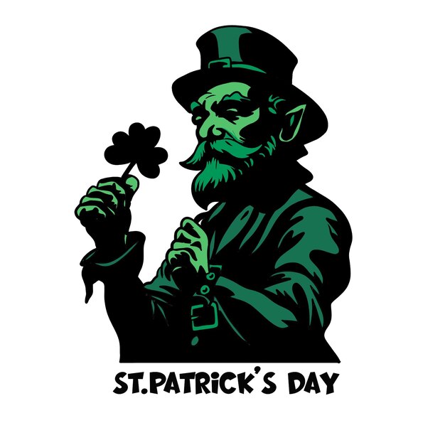 Vector hand drawn of classic green leprechaun with fourleaf clover