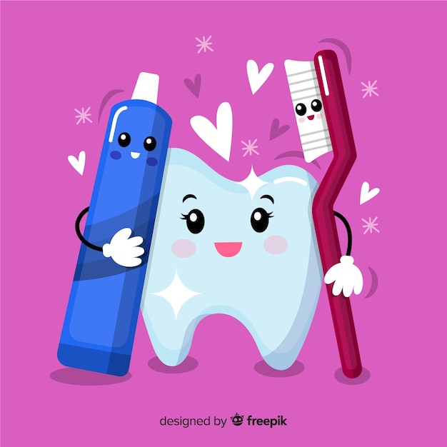 Vector hand drawn clean tooth with dental brush and toothpaste