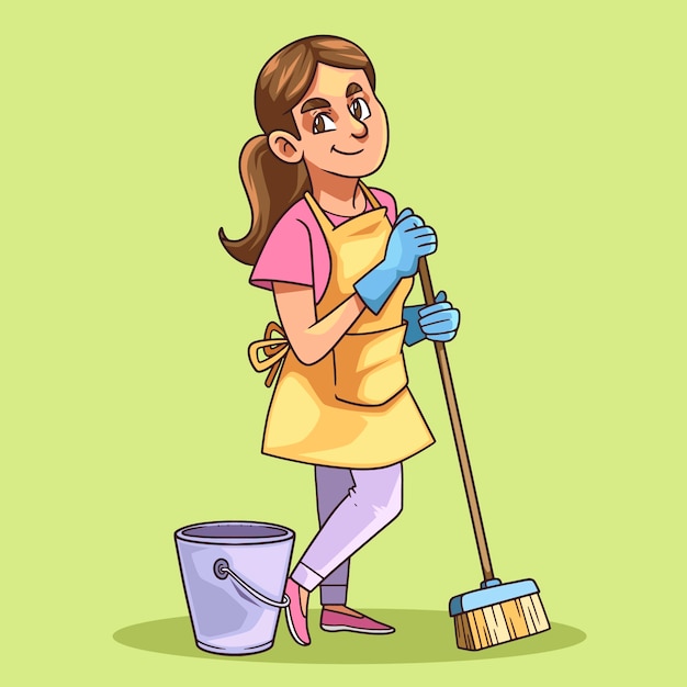 Vector hand drawn cleaning person cartoon illustration