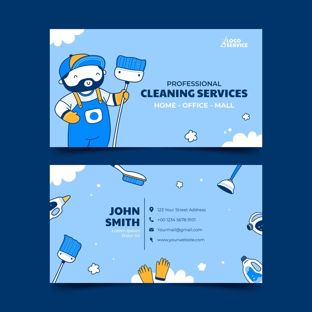 Hand drawn cleaning services horizontal business card