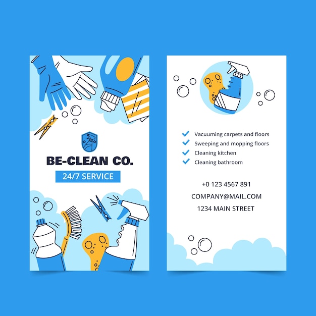 Vector hand drawn cleaning services vertical business card