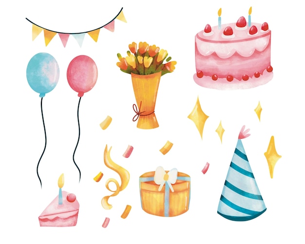 hand drawn clip art set of birthday party with cakes ribbons balloons gift box flowers