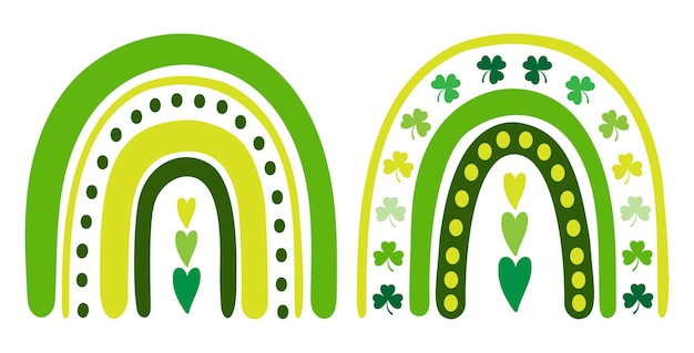 Hand drawn clip art set of irish rainbows with hearts and lucky shamrock leaves.