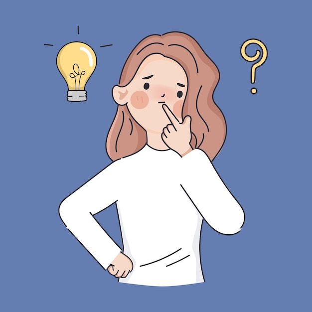 Hand drawn clipart woman thinking gesture pose with question mark and lightbulb character