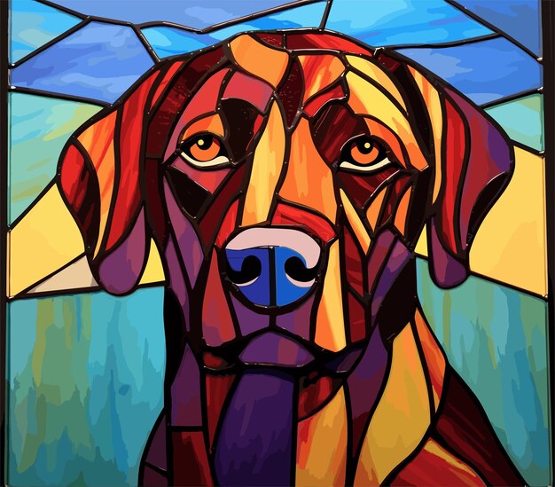 Vector hand drawn a close up of a dogs face in a stained glass window