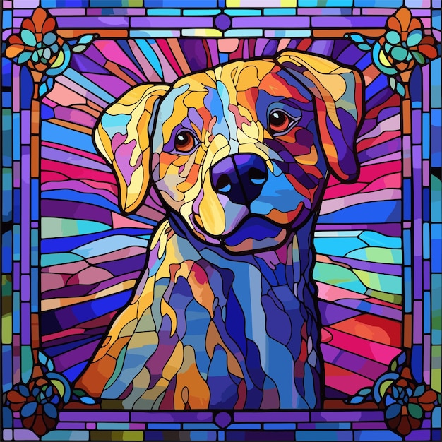 Vector hand drawn a close up of a dogs face in a stained glass window