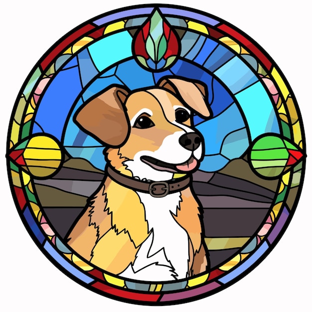 Vector hand drawn a close up of a dogs face in a stained glass window