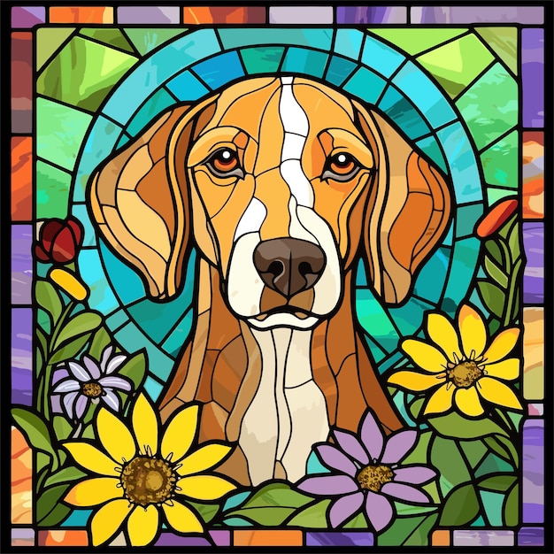 Vector hand drawn a close up of a dogs face in a stained glass window