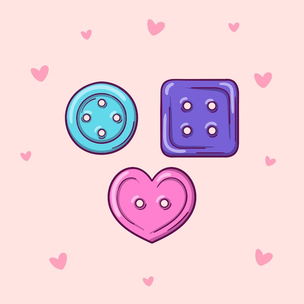 Hand drawn clothing buttons vector illustration isolated on pink background with hearts