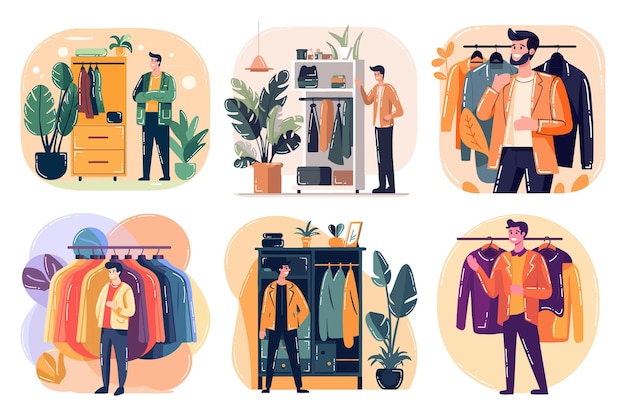 Vector hand drawn clothing stores and shops in shopping malls in flat style isolated on background