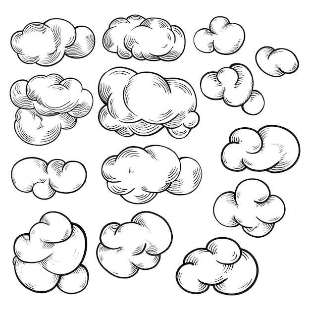 手描き雲アウトライン スケッチ雲ビンテージ ベクトル彫刻ベクトル イラスト