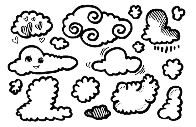 Hand drawn clouds set illustration isolated on white background.