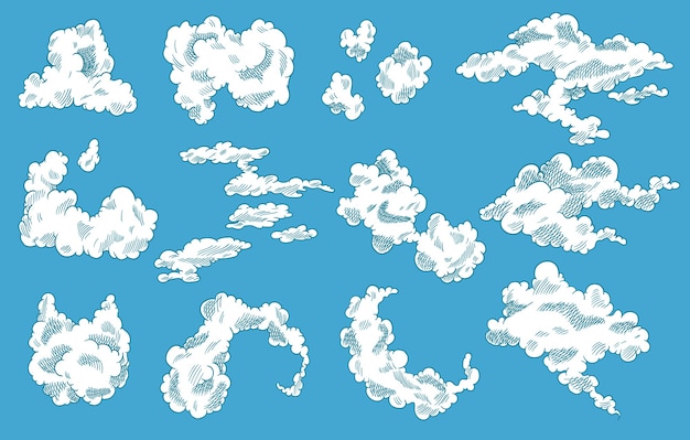 Vector hand drawn clouds set. vintage retro sky design. engraved sketch. abstract doodle clouds.